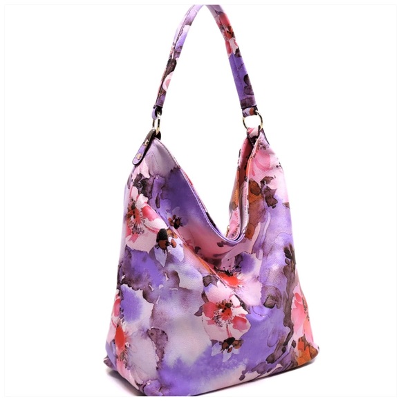 1LEFT Flower Printed Shoulder Bag Hobo Purple - Picture 2 of 7